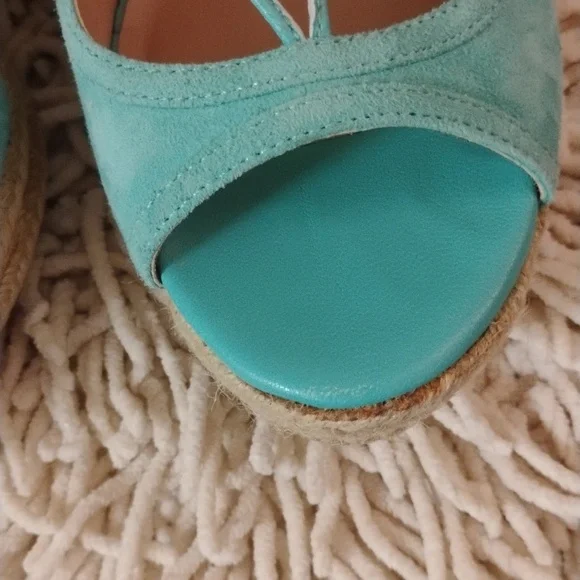 Trina Turk Turquoise Suede Leather Lace up Ankle Wrap Wedge Sandals - Picture 5 of 12